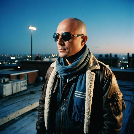 Bald Man in Bomber Jacket on Rooftop at Blue Hour