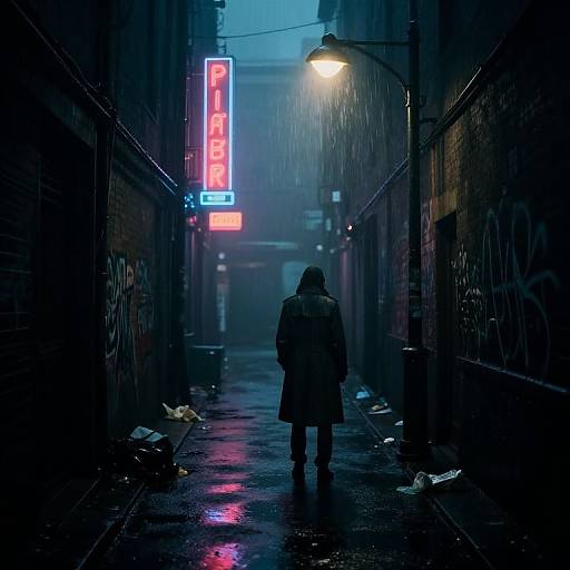 Neon-lit, rainy alleyway at night; lone figure in hooded coat walks away from glowing 