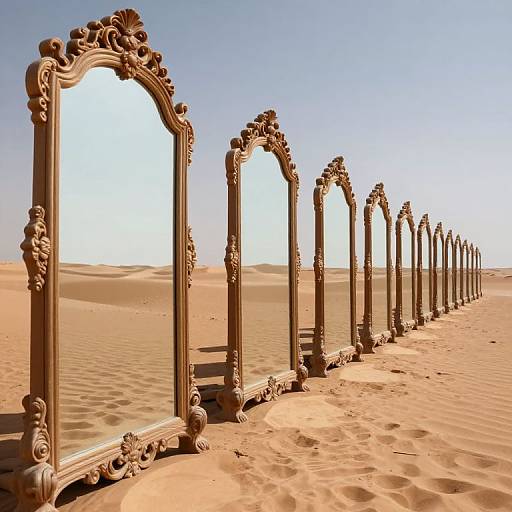 Ornate, empty mirrors lined up in a row on sandy desert dunes under a clear blue sky. Baroque-style frames reflect the bright sunlight