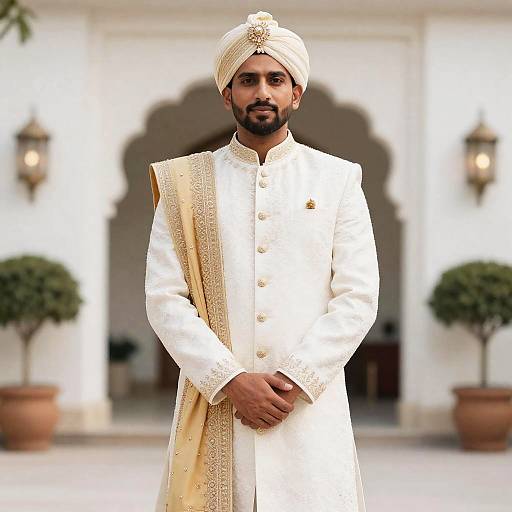Elegant Groom in White and Gold Sherwani