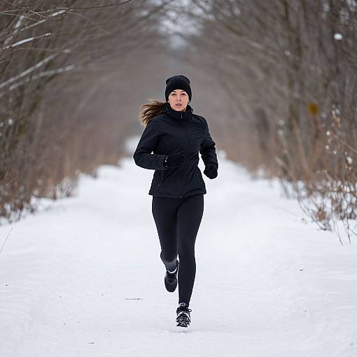 Photograph of a determined woman jogging down a snowy path, wearing a black beanie, jacket, and pants, with bare trees framing the scene.