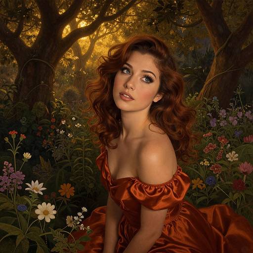 Digital painting of a fair-skinned, brunette woman with wavy hair, wearing an off-shoulder, rust-colored satin dress, surrounded by colorful