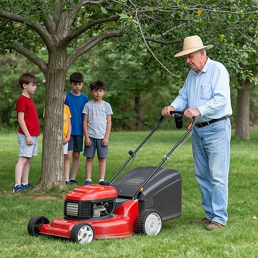 Elderly Man Mowing Lawn with Kids Watching