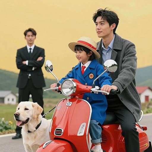 Family Riding Red Scooter with Labrador Dog