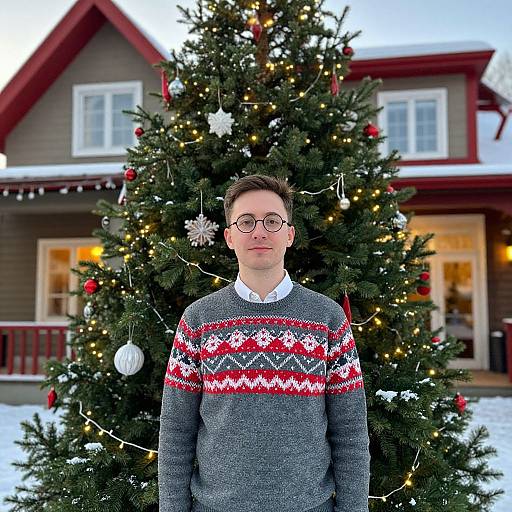 Photograph of a young man with glasses, wearing a gray Christmas sweater with red and white patterns, standing in front of a decorated Christmas tree and a