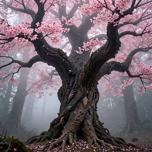 Photograph of a majestic, twisted tree with thick, gnarled roots, adorned with vibrant pink cherry blossoms in a misty forest.