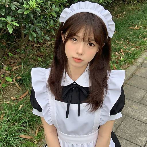 Photograph of an Asian woman with long dark hair, wearing a black and white maid outfit, including a frilled headpiece, standing outdoors on a