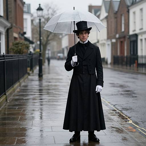 Photograph of a pale-skinned man in a black Victorian suit, top hat, white gloves, and transparent umbrella, standing on a rainy, wet