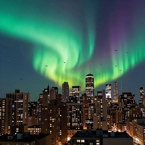 Photograph of a city skyline at night with vibrant green and purple Northern Lights illuminating the sky above. Silhouetted buildings with lit windows and
