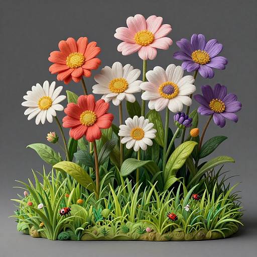 Photorealistic digital painting of colorful flowers (red, white, purple daisies) with green leaves and grass, small ladybugs, and a