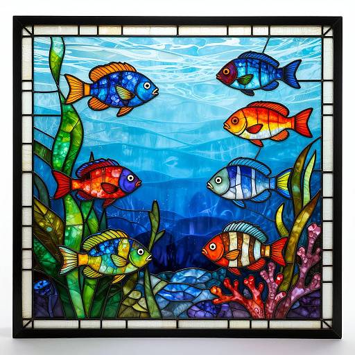 Vibrant stained glass artwork depicting colorful fish and sea plants underwater, with a mix of blue, red, yellow, and green hues.