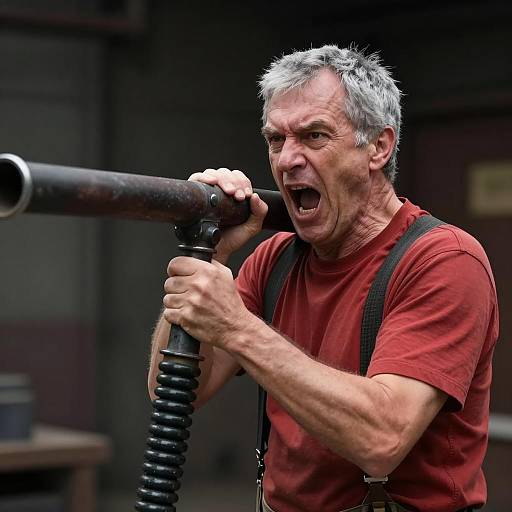 Intense Middle-Aged Man in Industrial Scene