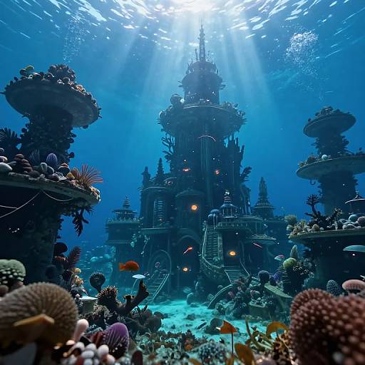 Photograph of an underwater fantasy castle surrounded by colorful coral reefs and illuminated by sunlight filtering through the water.