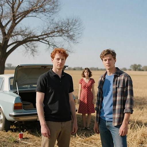 Rural Scene with Three Friends Outdoors