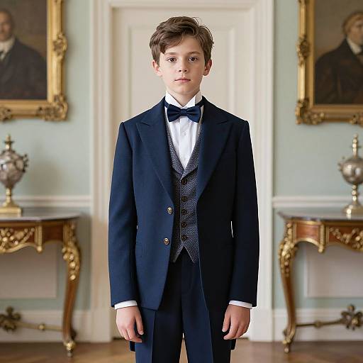 Photograph of a young boy with fair skin and brown hair, wearing a formal black tuxedo with a bowtie, standing in an elegant,
