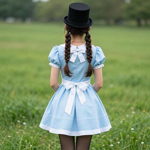 Photograph of a young girl from behind, wearing a light blue Alice in Wonderland dress, white bow, black top hat, and black tights,