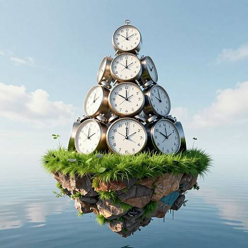 Photograph of a pyramid of nine white clocks with black hands and numbers, floating on grass-covered rocks above calm water.