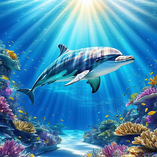 Serene Dolphin in Vibrant Coral Reef Serene Dolphin in Vibrant Coral Reef