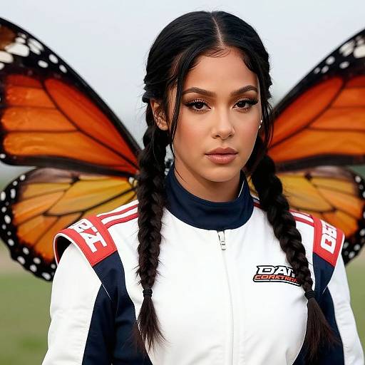 Digital portrait of a Latina woman with black braided hair, orange butterfly wings, wearing a white and black racing jacket.