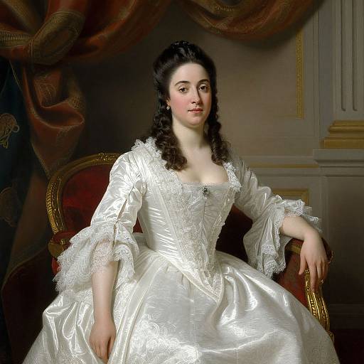 Photograph-style painting of a young Caucasian woman with curly dark hair, wearing a white, lace-trimmed, satin Empire-style gown, seated on