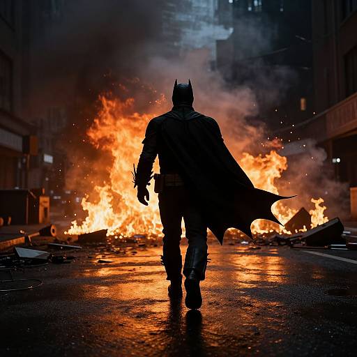 Photograph of Batman, silhouetted against a massive, fiery explosion in a dark, urban street, his cape billowing, reflecting bright orange