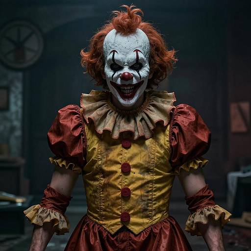 Photograph of a creepy clown in a yellow and red dress, white face paint with black eyes and red nose, in a dimly lit, eerie