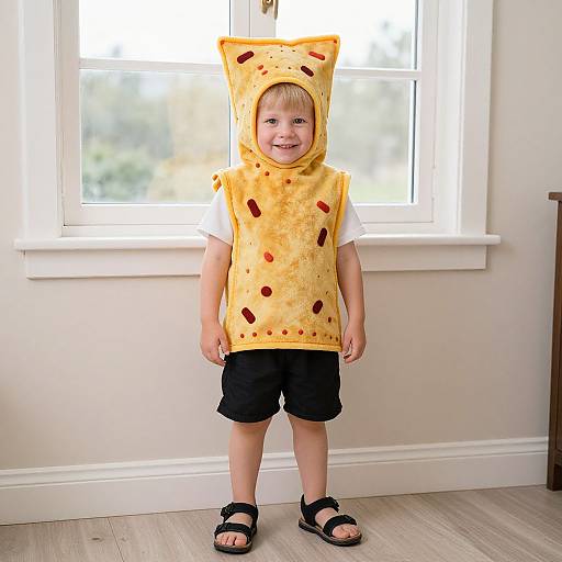Photograph of a smiling toddler in a yellow Pikachu onesie with red spots, black shorts, and black sandals, standing in front of a bright window