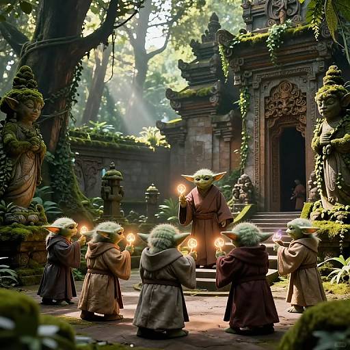 Digital art: Six green-skinned, goblin-like monks with large ears, holding glowing torches, stand in a sunlit, moss-covered,