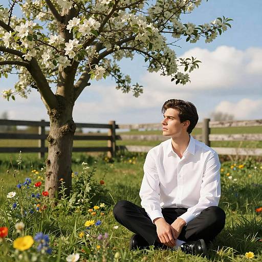 Photograph of a young man with short dark hair, wearing a white shirt and black pants, sitting cross-legged under a blooming tree in a vibrant