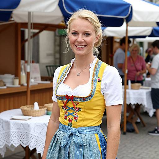 Smiling Woman in Traditional Bavarian Dirndl at Outdoor Market