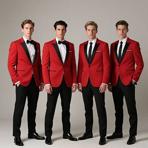 Photograph of four handsome young men in identical red tuxedos with black bow ties, white shirts, and black pants, standing against a plain