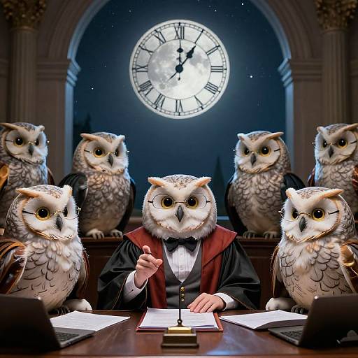 Parliament Owls Debating Under Clockwork Moon
