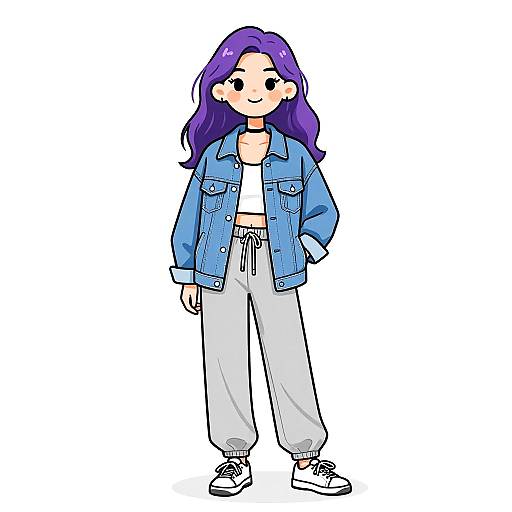Digital drawing of a cute anime-style girl with purple hair, wearing a blue denim jacket, white crop top, gray pants, and white sneakers. She