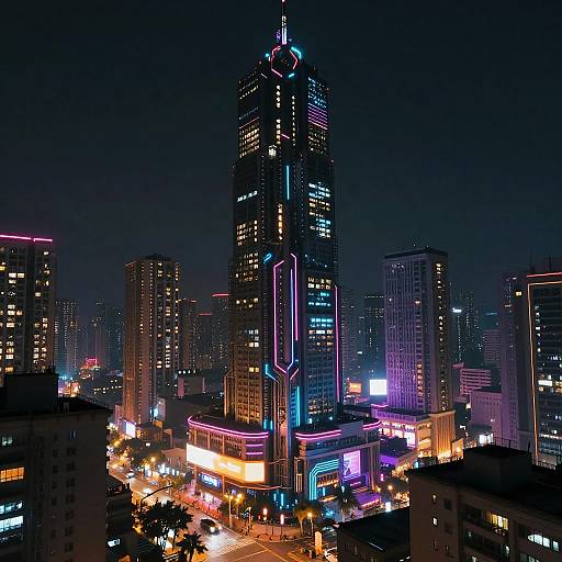 Nighttime cityscape photograph of a futuristic skyscraper with neon blue and purple lights, surrounded by illuminated high-rise buildings and vibrant streetlights.