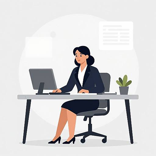 Digital illustration of a professional woman with black hair, in a black suit and heels, working on a laptop at a white desk with a potted plant