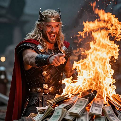 Odin Burning Money in Cinematic Scene