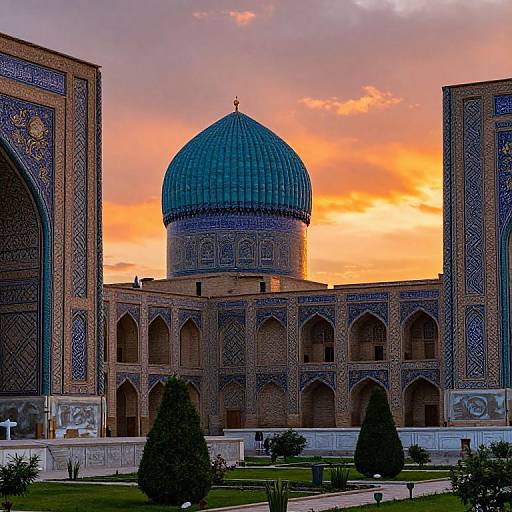 Photograph of a stunning mosque with a blue-tiled dome at sunset, framed by intricately patterned blue and brown walls, with a well-man