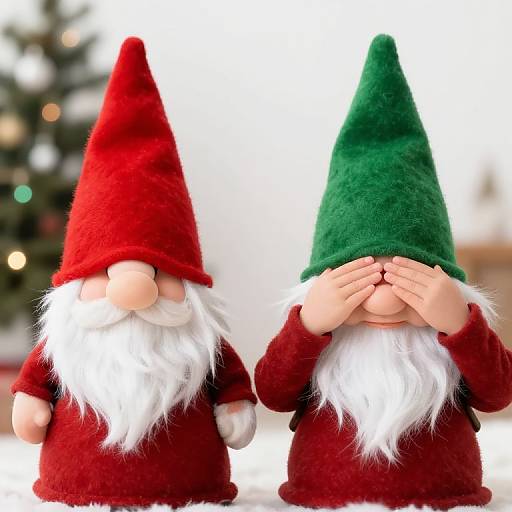 Photograph of two plush garden gnomes, one red and one green, covering faces with hands, standing on white background, Christmas tree blurred in