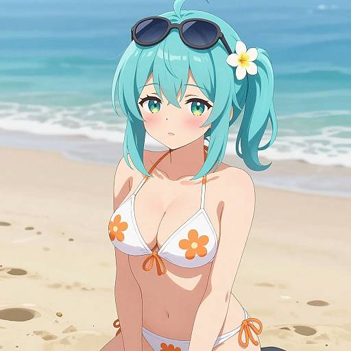 Anime-style digital drawing of a blue-haired girl with green eyes, wearing a white bikini with orange flowers, sunglasses on head, flower in hair, standing