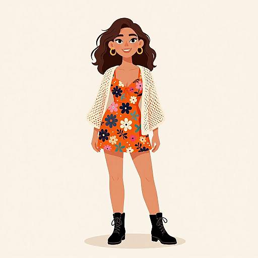 Digital illustration of a smiling woman with wavy brown hair, wearing a white mesh jacket, orange floral dress, black ankle boots, and large hoop earrings