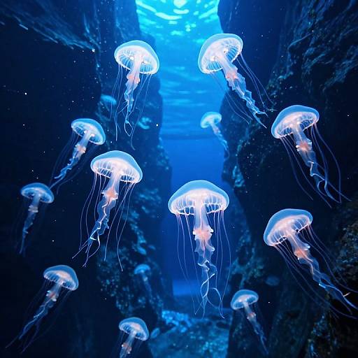 Photograph of glowing blue jellyfish with translucent, umbrella-shaped bodies and trailing tentacles, floating in a dark, underwater blue abyss.