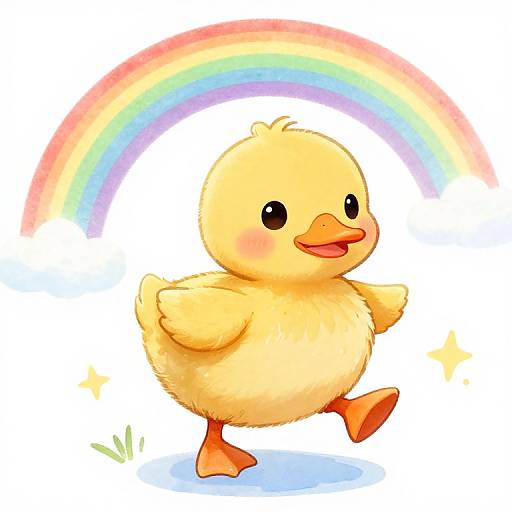 Cute digital drawing of a fluffy yellow duck with a cheerful smile, standing on one leg, under a vibrant rainbow.