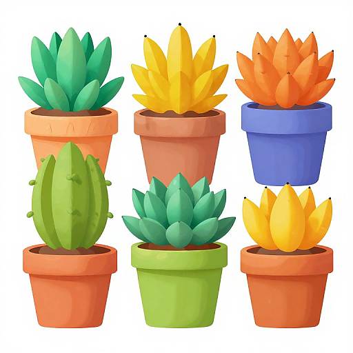 Digital illustration of six colorful cacti in various pots: green spiky, green rosette, blue rosette, yellow rosette
