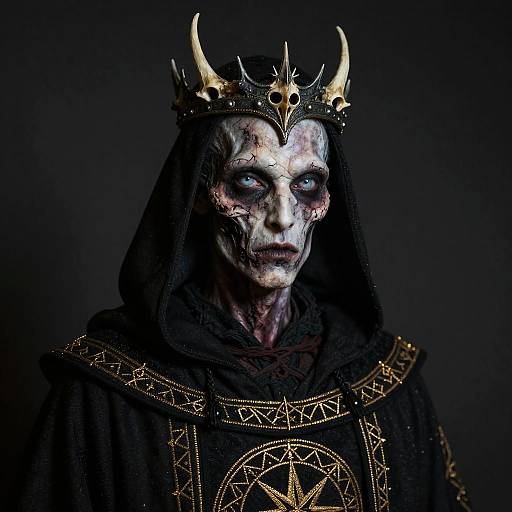 Photograph of a terrifying figure with a bloodied, pale face, black hood, golden crown, and intricate black robe, set against a dark background