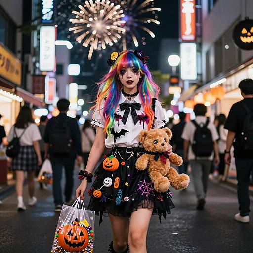 Photograph of a colorful-haired woman in a goth-halloween outfit, carrying teddy bears and pumpkin bags, on a neon-lit city street