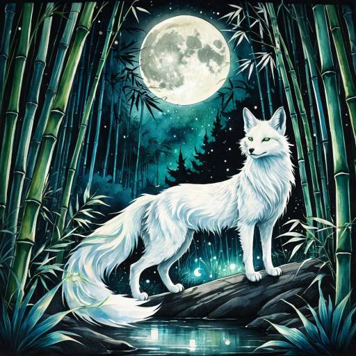 Mystic White Kitsune in Moonlit Bamboo Grove