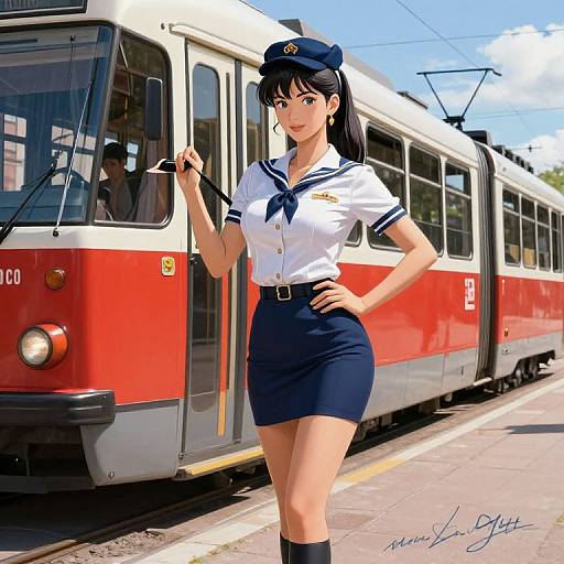 Digital illustration of an attractive Asian woman in a sailor uniform and cap, standing beside a red and white tram, with sunny sky background and artist signature.