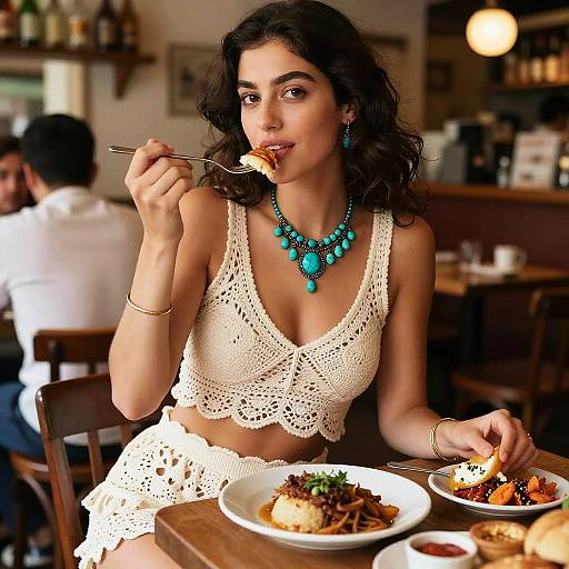Boho Chic Woman at Spanish Tapas Bar