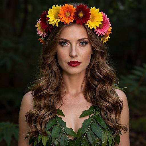 Photograph of a fair-skinned woman with long, wavy brown hair, wearing a vibrant flower crown and deep red lipstick, adorned with green leaf