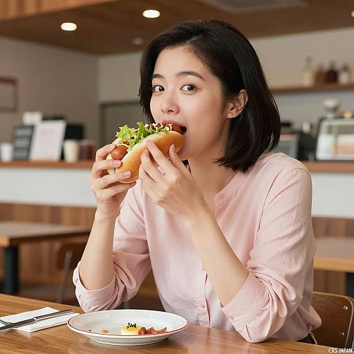 Asian Woman Enjoying a Hotdog Meal